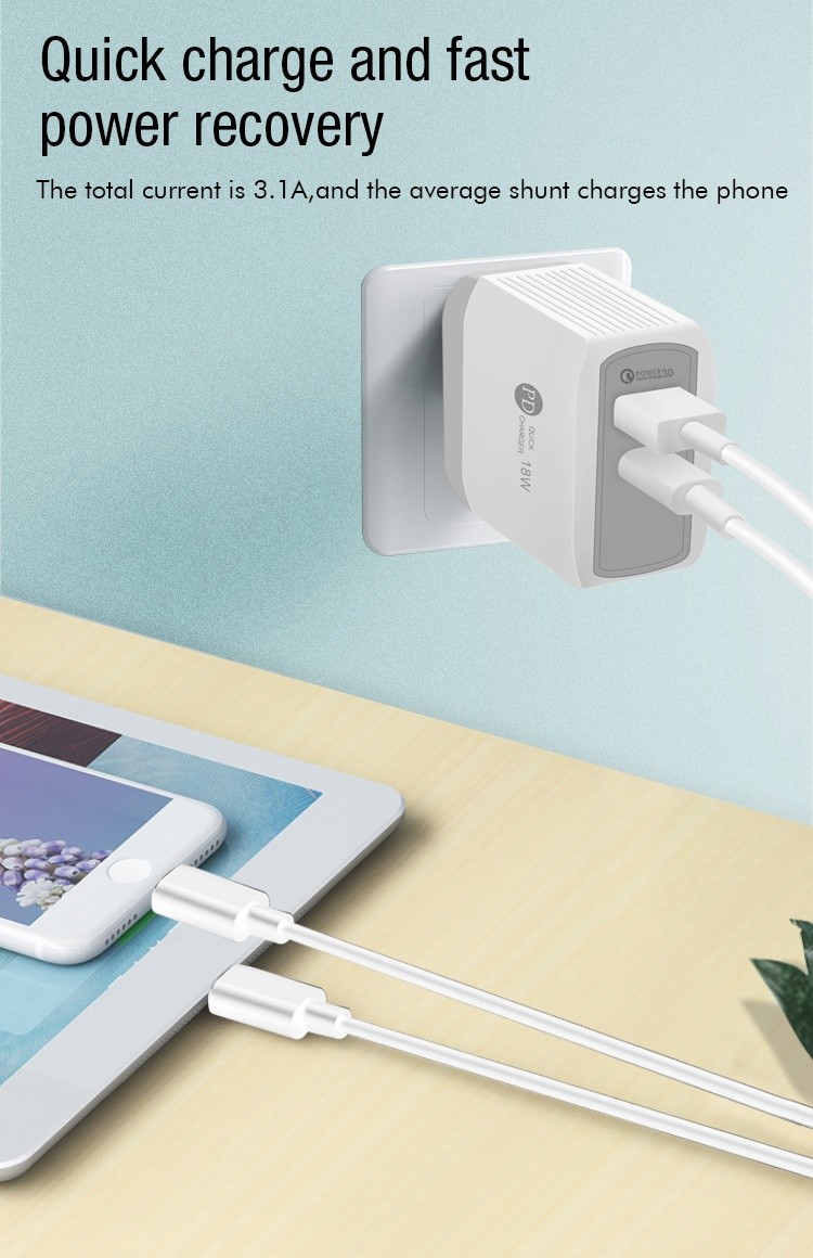 2 Ports USB C PD Wall Charger , QC 3.0 18W USB Type C Wall Adapter For IPhone 12