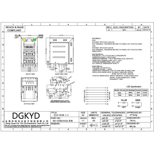 Cat3 RJ45 Connector Stack Over Dual USB 2.0 A Type With Y/G Led
