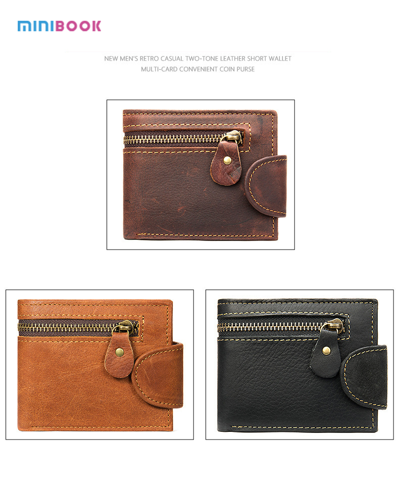 Customize Logo Design Short Men's Wallet in Genuine Leather with Zipper Closure