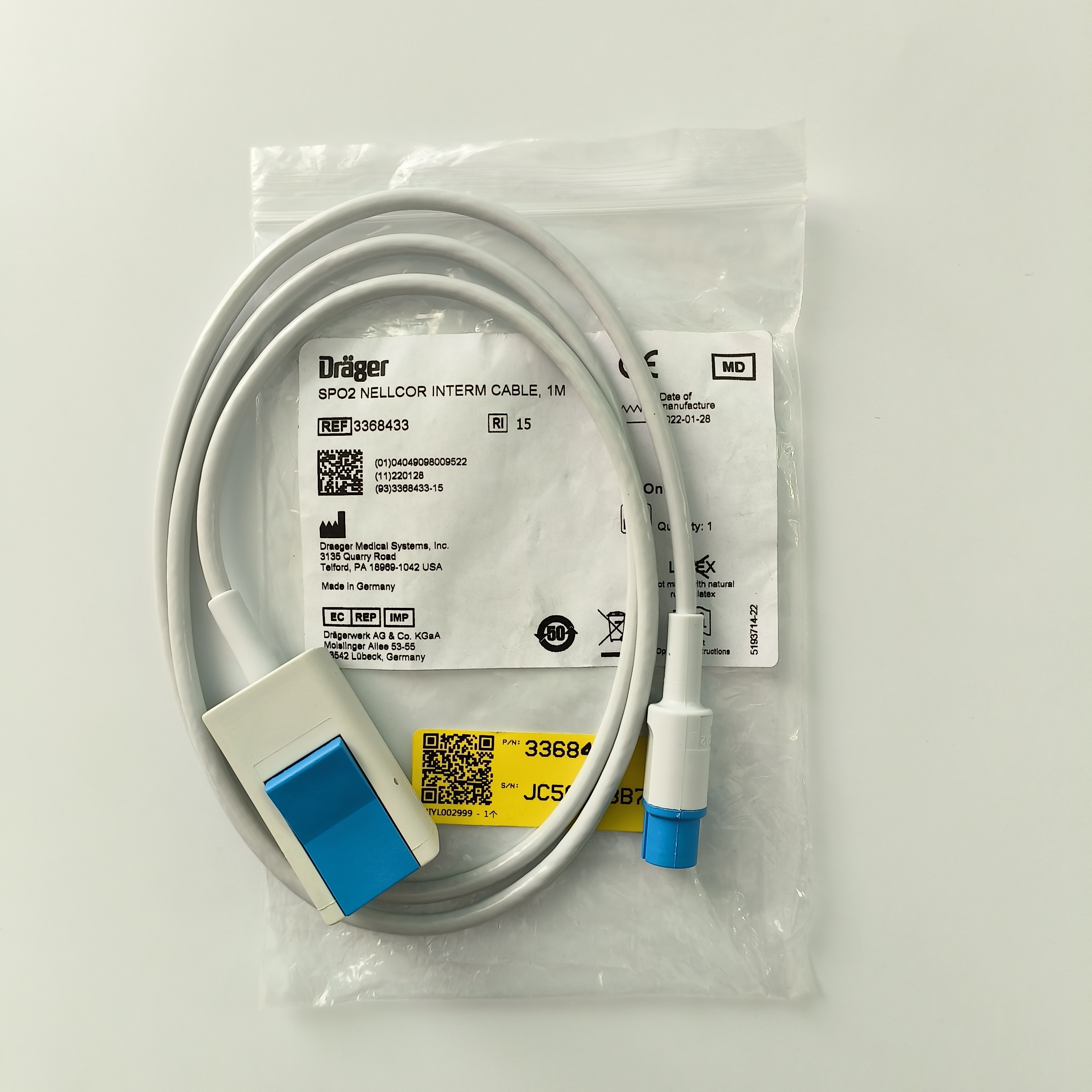 Drager SpO2 Interm Cable 1M REF3368433 Standard Package