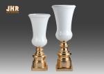 Contemporary Glossy White Fiberglass Planters Gold Leaf Pedestal Base For