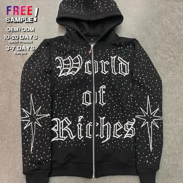 No String Heavy Weight Streetwear Full Zip Hoodie Rhinestone Silk Screen Printed