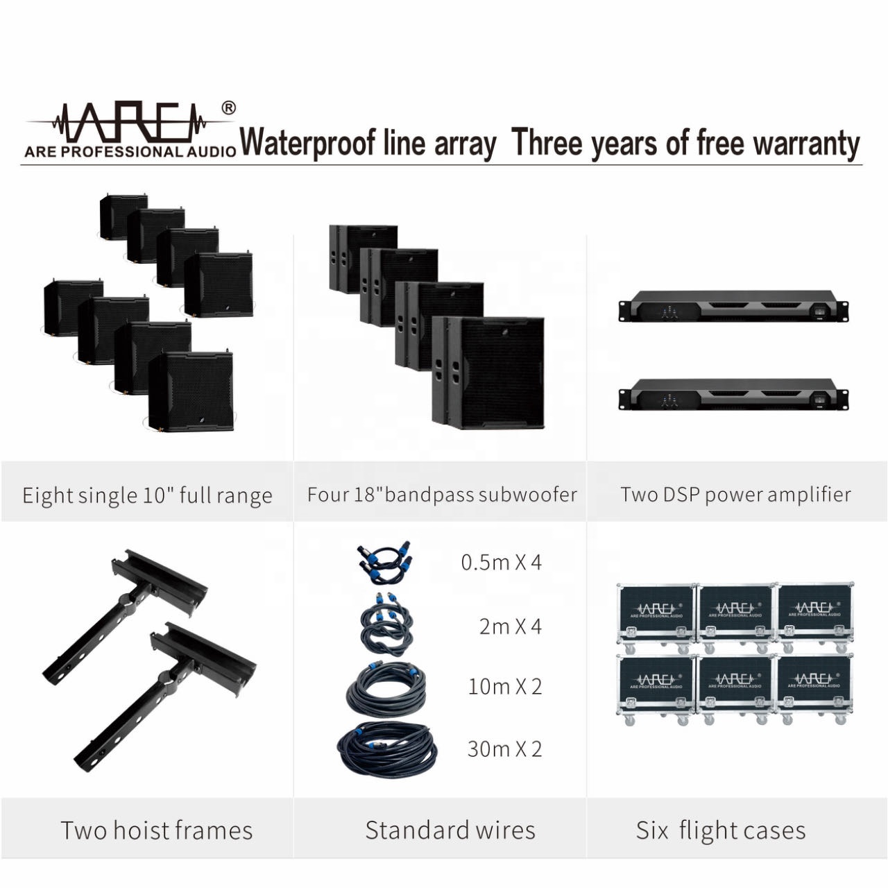 ARE Audio Line Array Speaker PA System with Eight Single 10" Full Range and Four 18" Bandpass Subwoofers