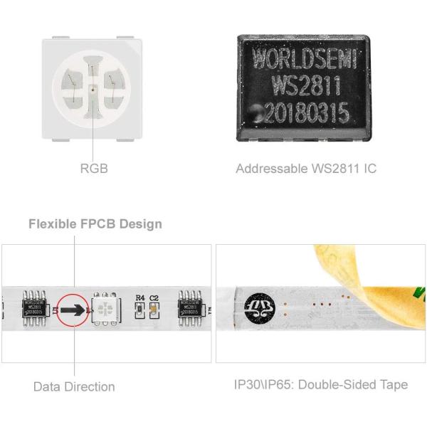 DC 12V Addressable Smart 3Leds Controllable 5050 RGB WS2812B WS2811 24V 30leds Pixel Rgbic LED Strip Light