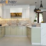 Green Color Quartz Stone Top U Shape Kitchen Cabinet for Modern Stylish Kitchen