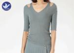 Half Sleeves Summer Knitwear Shoulder Slit / V Neck Ladies Pullover Sweaters