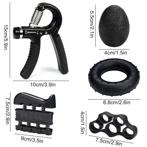 Hand Grip Strengthener Kit 5 Pack Black Adjustable Grip Trainer Finger Exerciser Grip Ring And Stress Ball For Hand Wrist And Forearm Training