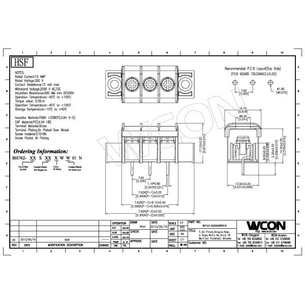 A Type With Fix Hole& CAP 7.62 Barrier Terminal Block 1*3P A Type H=14.7 DIP=5.3 ROHS