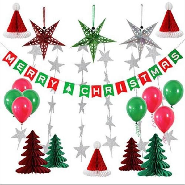 Paper Honeycomb Party Decorations Merry Christmas tree hat star balloon Bunting