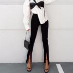 Women's High Waisted Stretch Trousers Sexy Foot Zip Slit