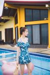 Plunge Neckline Tiered Layer Top With Shoulder Off One Piece Swimwear