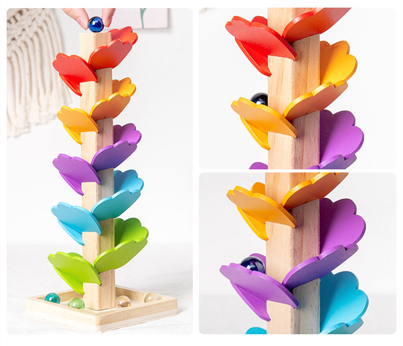 Montessori Baby Wooden Petal Tree Building Blocks Toy Children's Rainbow Ball Ball Run Track Educational Toy for Kids Gi