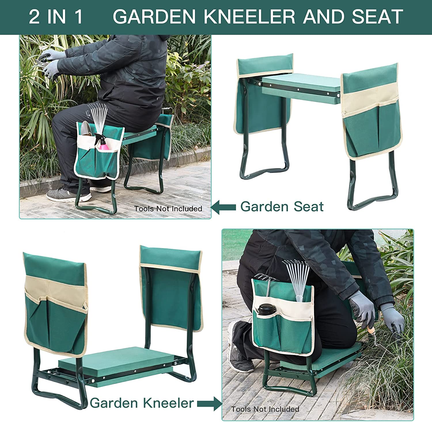 Garden Kneeler And Seat With Tool Pouch, Portable Folding Garden Stool, Heavy Duty Gardening Kneeling Bench