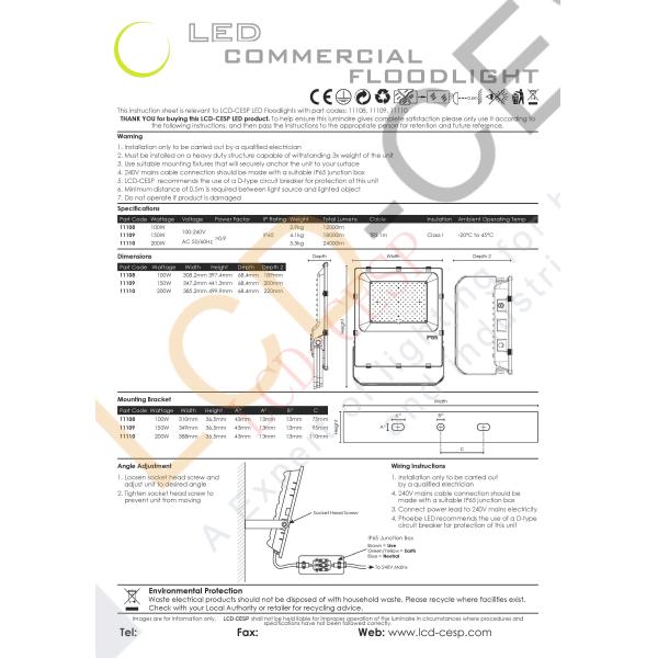 Wall Mount Fireproof IP65 6500K 200w LED Flood Light