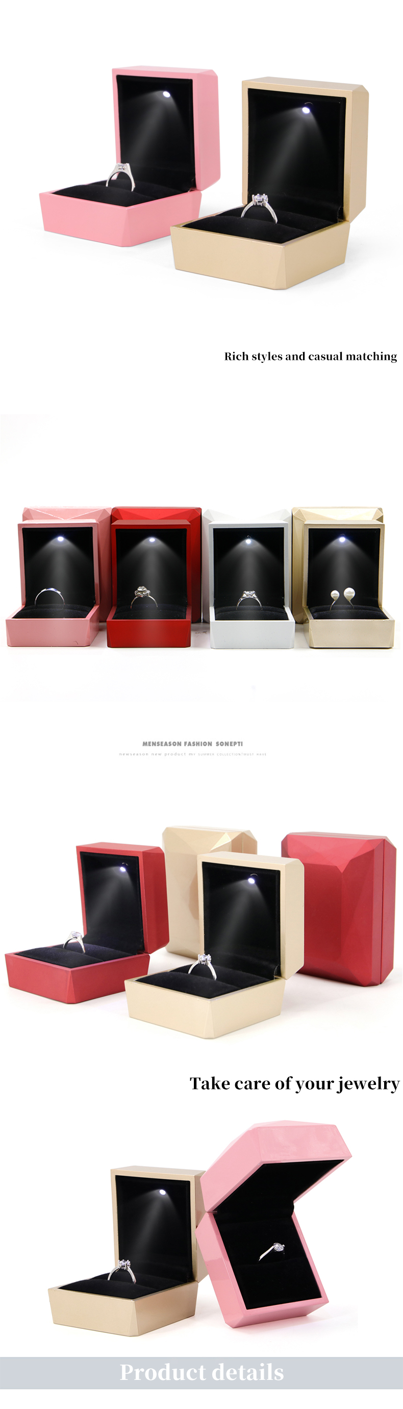 Custom Logo PU Plastic Jewelry Packaging Box with LED Light Hanhong Luxury Ring Box