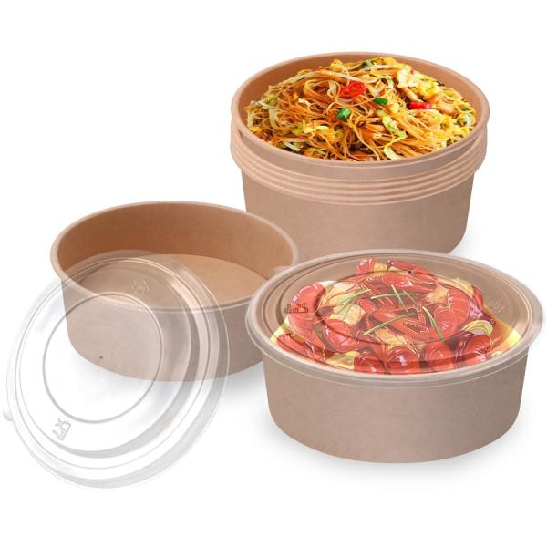 Custom Round 1300ml 1500ml Food Packaging Kraft Salad Paper Bowl With Lid Waterproof