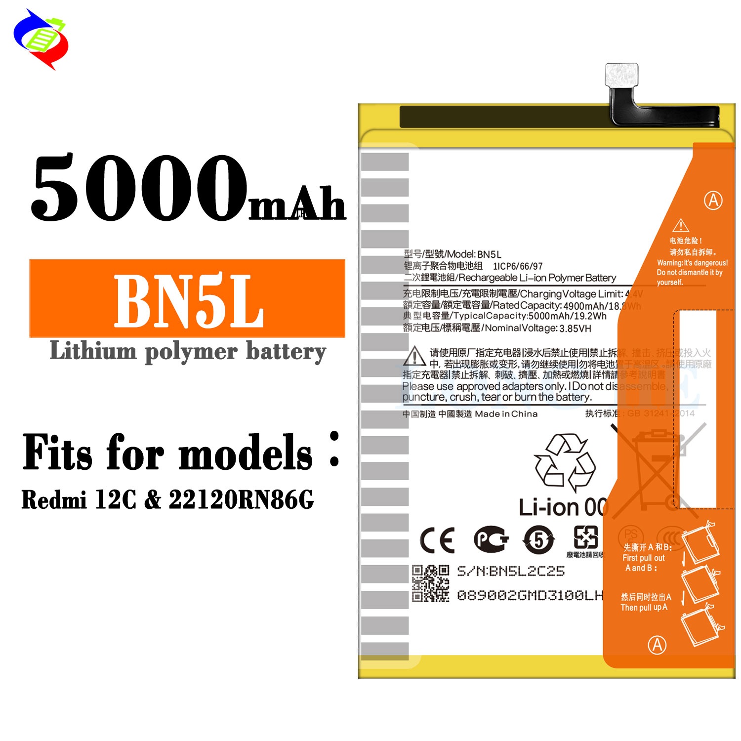 High Capacity 5000mAh Replacement Li-Polymer Battery for Redmi 12C NFC Mobile Phone