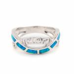 925 With Sterling Silver Greek Key Natural Blue Meander Opal Ring Real Fire Opal