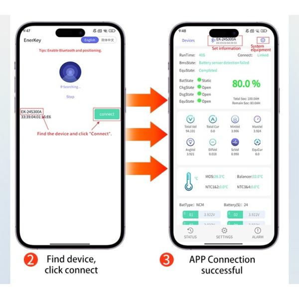Enerkey 16S-24S 250A Lifepo4 BMS with 8A Active Balancer and BT/CAN Bus/RS485 for Li-ion/LTO/SIB Battery Power Cabinet