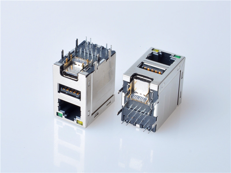 HULYN,RJ45 Modular Jack Connector, Shielded RJ45 + type-c Connector, Through Hole Type, LED
