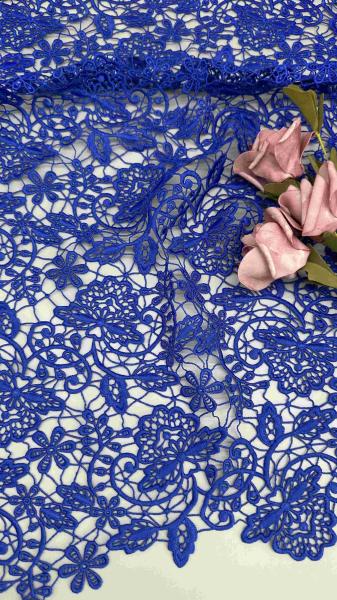 100% Poly Royal Blue High Quality Floral Chemical Embroidered Lace Fabric For
