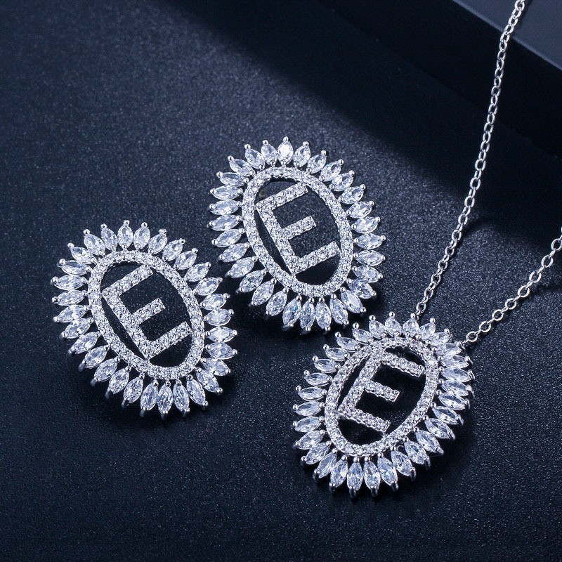 Letter Necklace Earing Jewelry Set CZ Crystal Necklace and Earring Sets Big Wedding Jewelry Sets