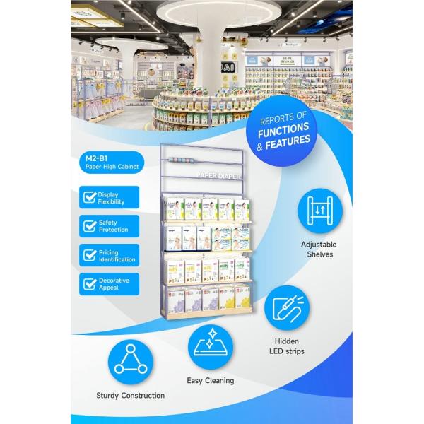 M2-B1 Kid-friendly Diaper Display Cabinet with LED Strips and Transparent Acrylic Tube for Baby Goods Section
