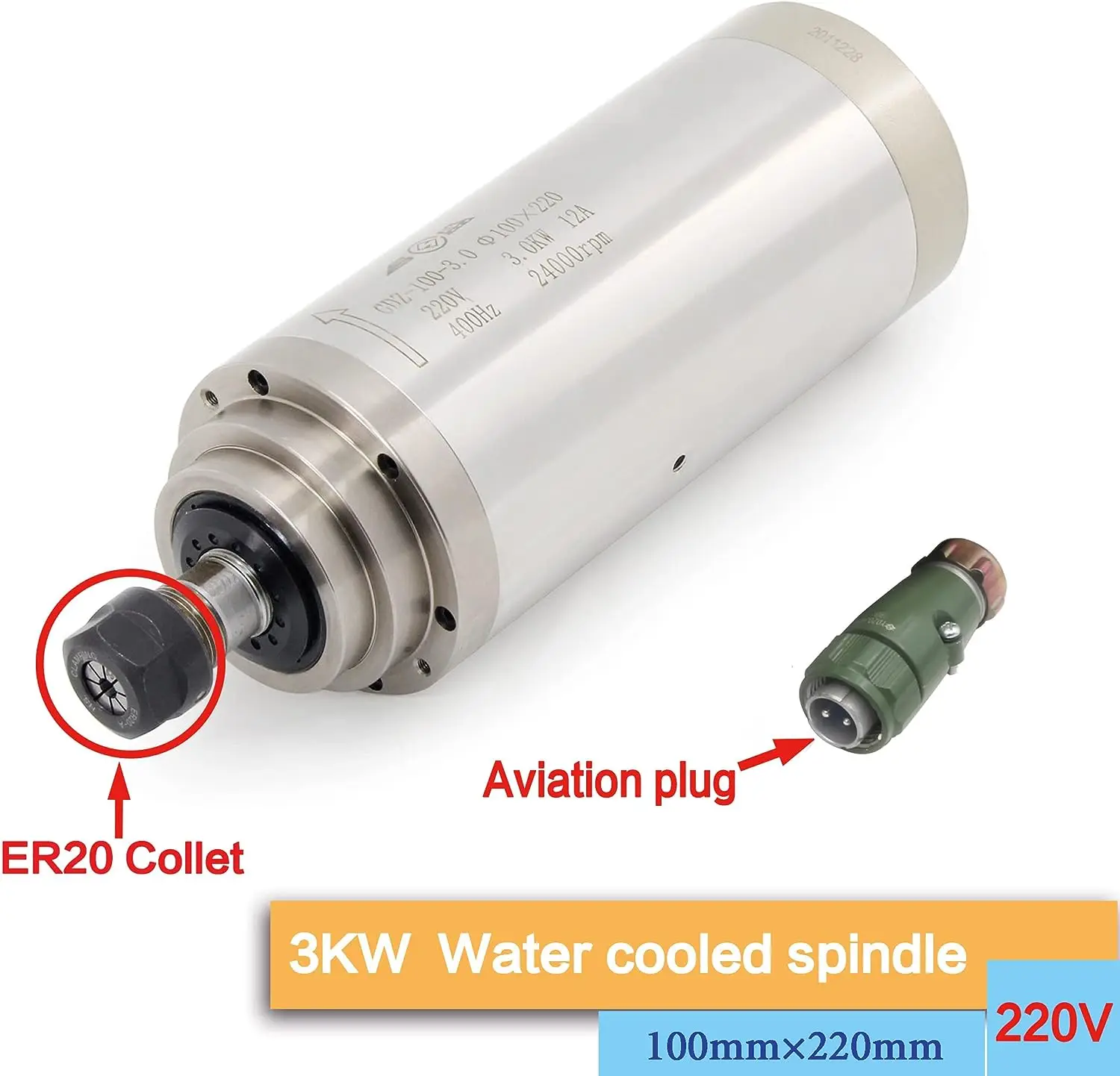 3KW CNC Water Cooling Spindle Motor ER20 Collet 400Hz 24000RPM For Woodworking