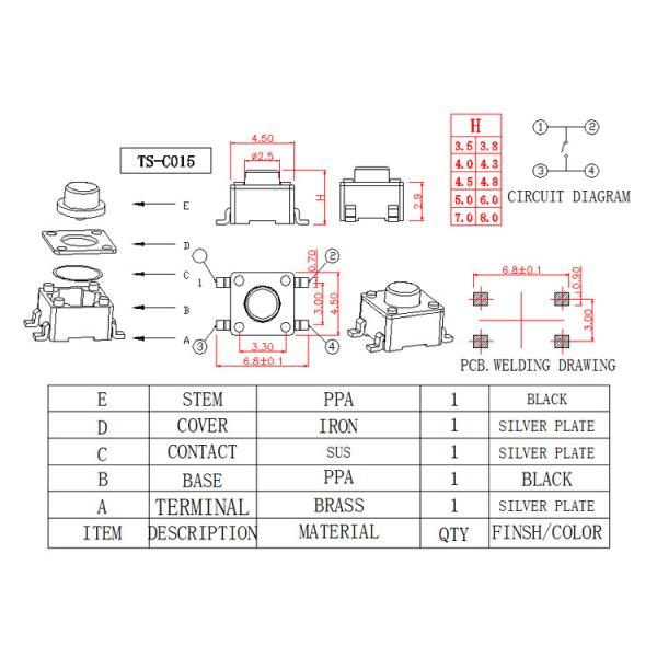 SMD Terminal Type Low Profile Tactile Switch , Surface Mount Push Button