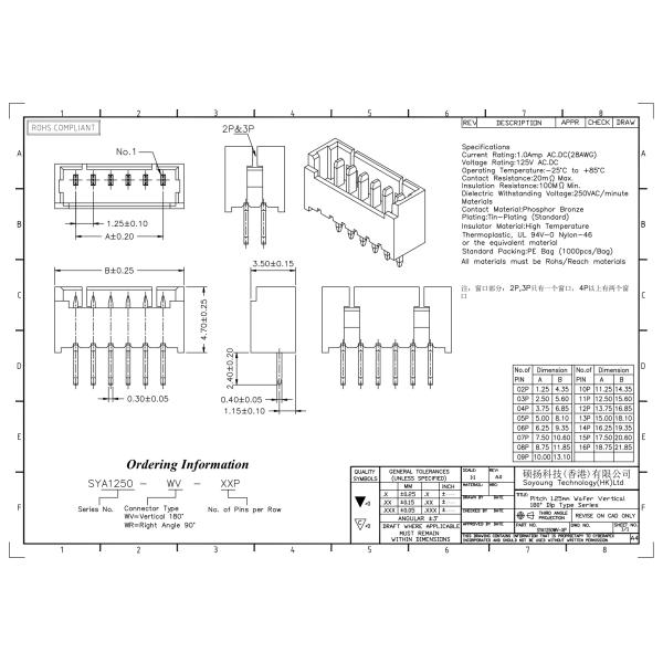 1.25mm Wire To Board Connector Wafer Connectors Vertical 180° DIP Type 2Pin-16Pin