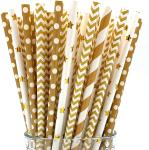No Plastic Party Drinking Bendable Gold Striped Paper Straws