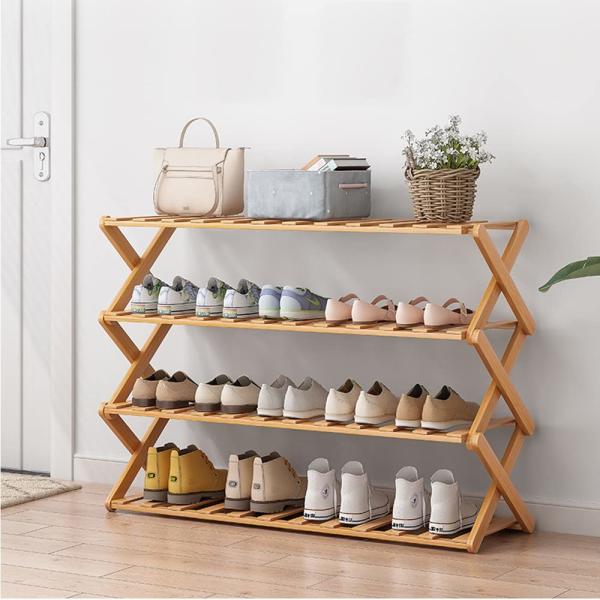 Bamboo Wood Foldable Free Installation 4 Tier Shoe Storage Shelf