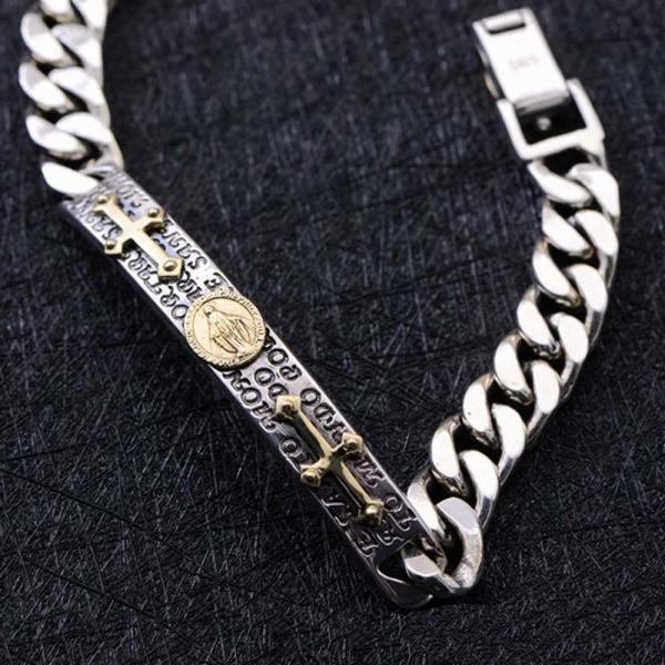 925 Sterling Silver Chunky Curb Chain Link Cross Charm ID Bracelet (XH058592)