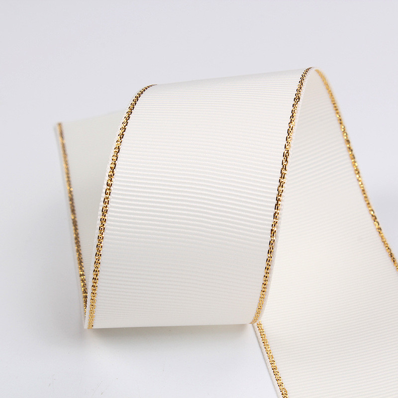 2.5cm Polyester Gold Edge Double Face Grosgrain Ribbon for Christmas Tree and Bag Handles