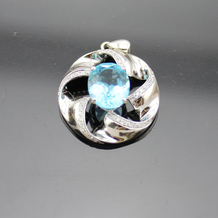 Women Jewelry 925 Silver 8mmx10mm Oval Blue Topaz Cubic Zirconia Charm Pendant Necklace (P15)
