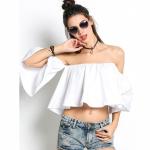 Ladies Tops Latest Design Women Off Shoulder Flare Sleeve Ruffles Solid Crop