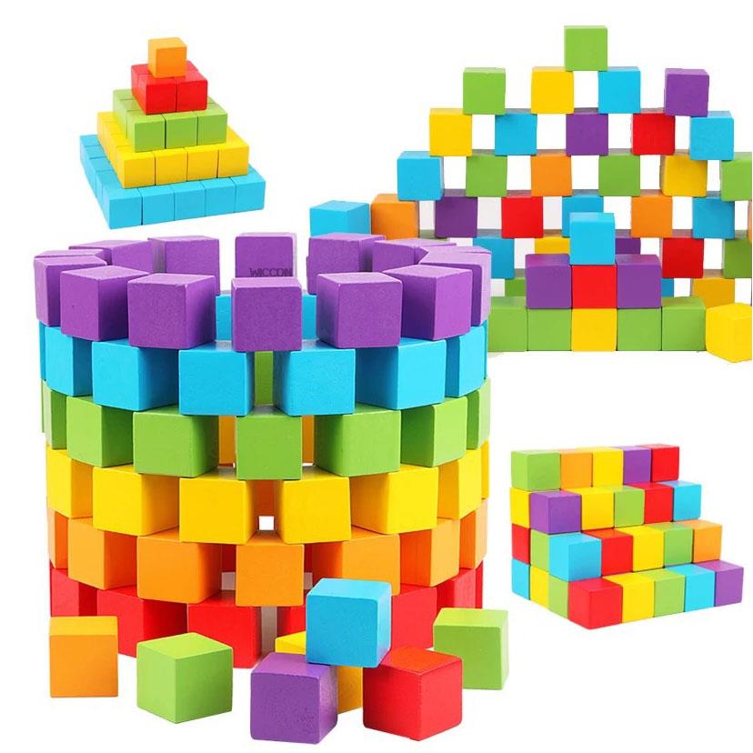 Colorful Wooden Cubes Building Blocks Toy Baby Color and Geometric Shape Wood Educational Toys for Chil
