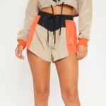 Crop Top Women Jogger Shorts Set Color Block Polyester Windbreaker Tracksuits