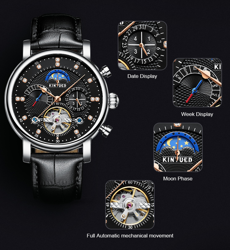 KINYUED Men Luxury Brand Wrist Watch Strap Mechanical Automatic Moon Phase Watch Relojes