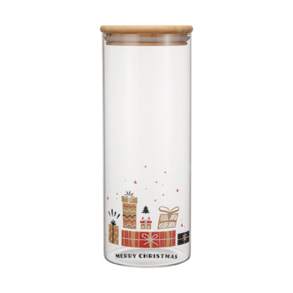 Festival Design Glass Canister with Airtight Bamboo Lid and Multiple Sizes for Kitchen Storage