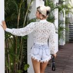 Long Sleeved High Neck Flared Blouse Chic White High Waisted Lace Tops With