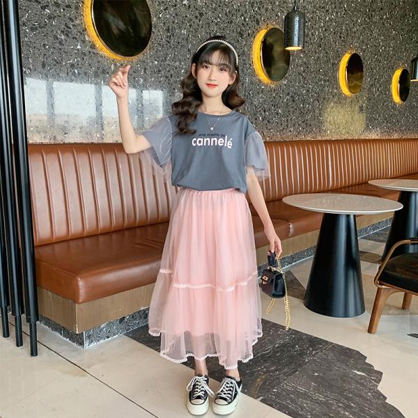 Girls Gray Round Collar T-Shirt Net Gauze Skirt Summer Dress Two Sets