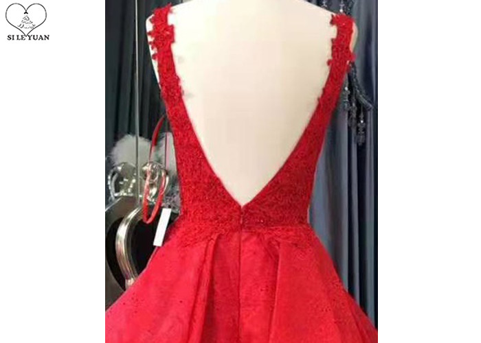 Red A Line Ball Gown Puffy Purffles V Neck Backless Lace Beaded Cotton Linen