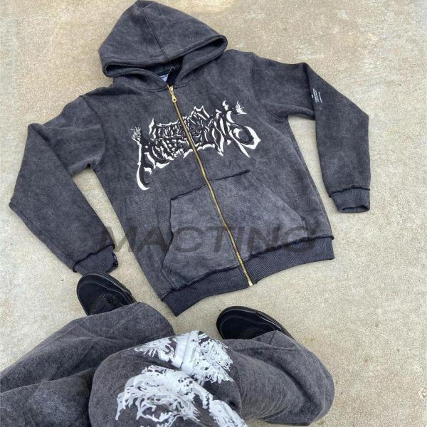 Customized Streetwear Zipper Zip Up Hoodies and Flared Sweatpants Set in Vintage