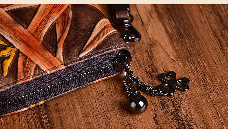 Vintage Rub Color Zipper Bag Vegetable Tanned Leather Women's Hand Wallet OEM/ODM