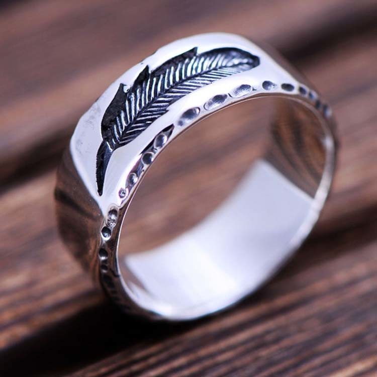 Mens Womens Simple Plain 925 Sterling Silver Feather Band Ring Finger Jewelry（XH051739W）