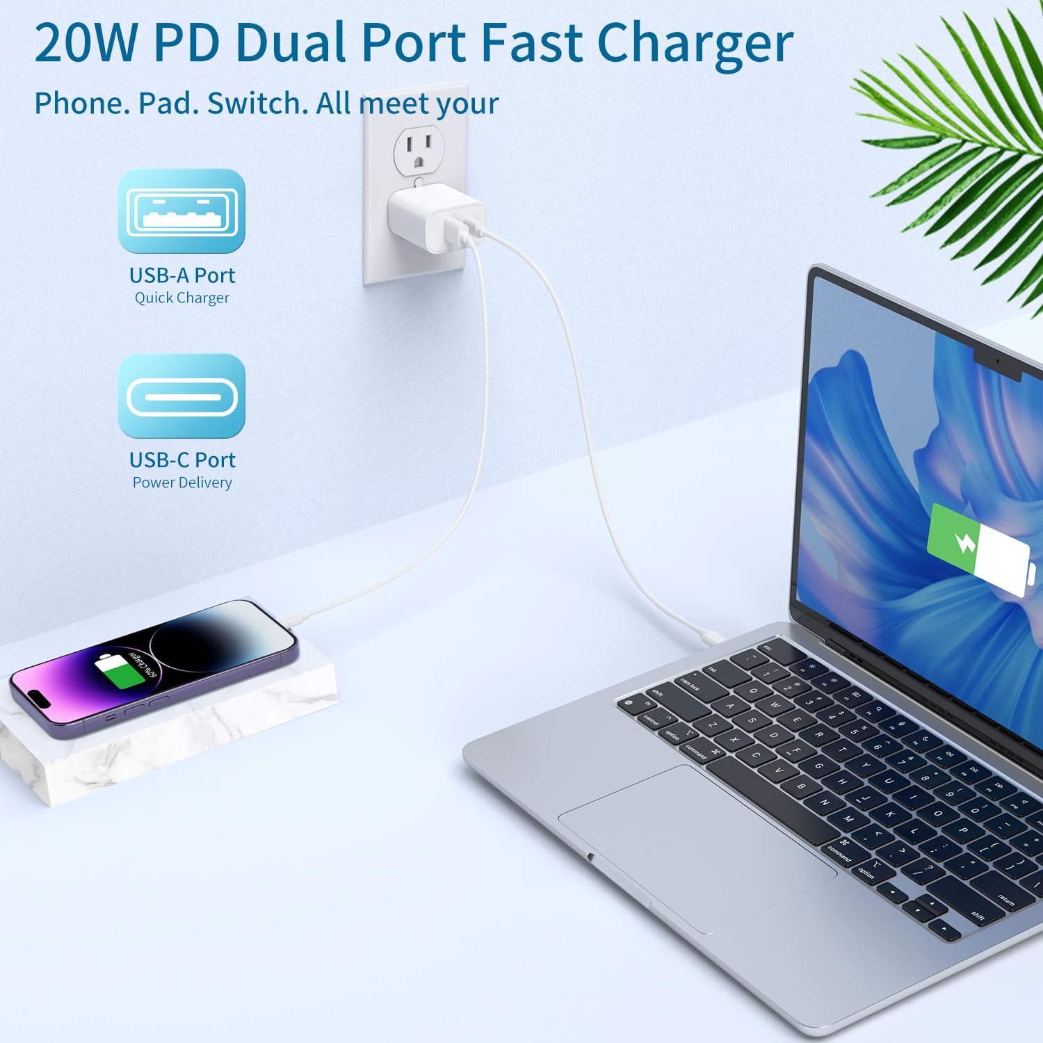 20W Dual Port QC PD 3.0 Power USB C Wall Charger for iPhone 14/13/12/Pro/Pro Max/XS/X/SE