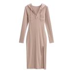 Summer V Neck Long Sleeved Slim Hooded Dress With Side Slit Buttock Skirt