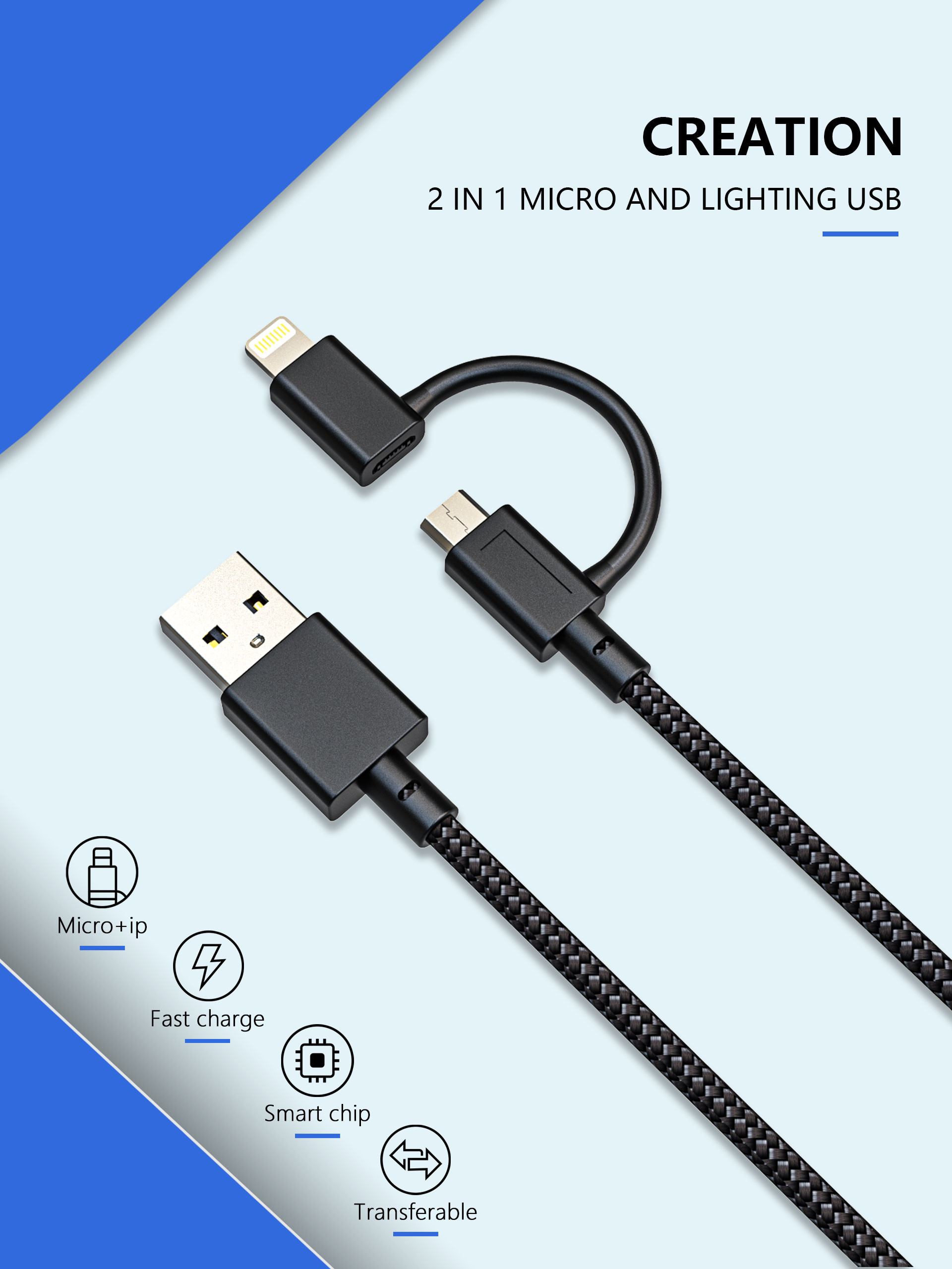Nylon Braided 1M 2 IN 1 Data USB Cable With Micro Lightning Connector
