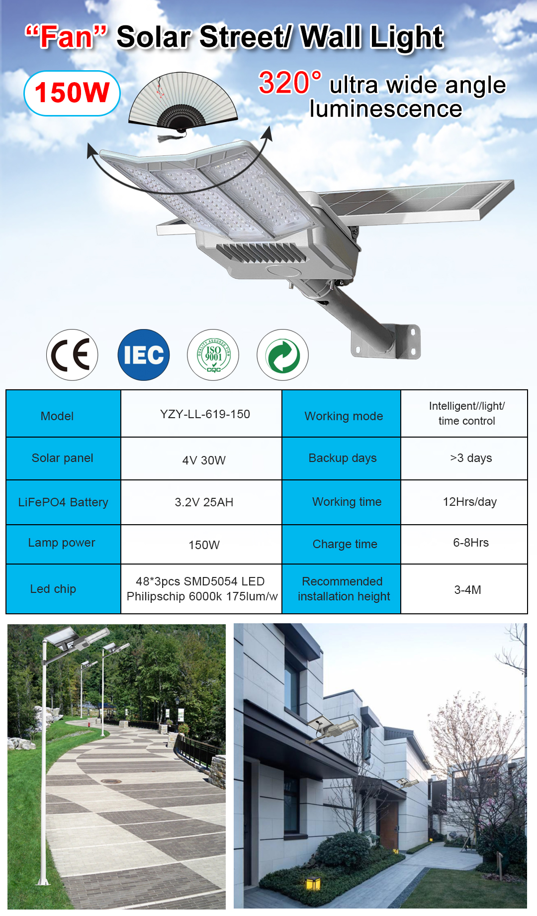 150W Solar Street Light for Recommended Installation 3-4m and Anti-Corrosion Material